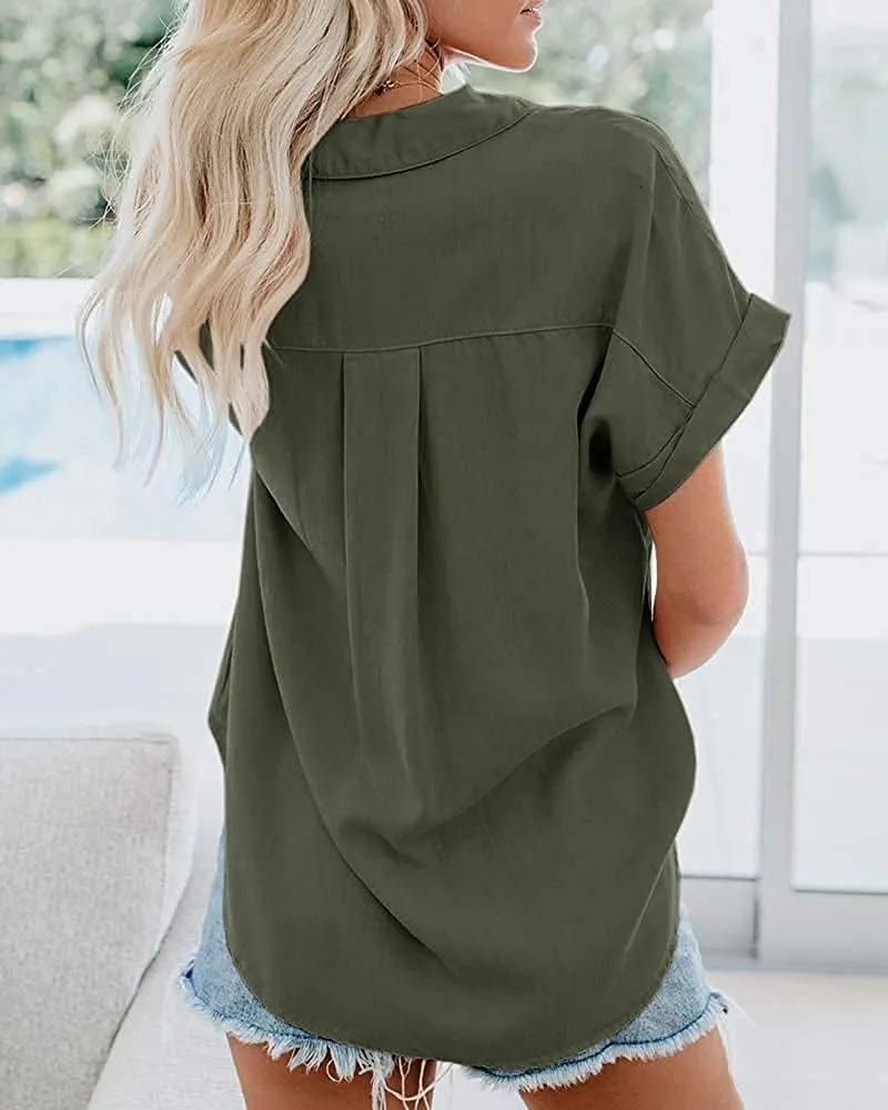 Womens Short Sleeve Casual Button Down Shirts Summer Soft Fashion Cotton Blouses Tops with Pocket