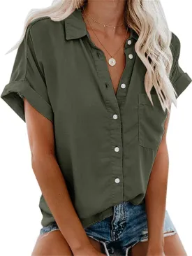 Womens Short Sleeve Casual Button Down Shirts Summer Soft Fashion Cotton Blouses Tops with Pocket
