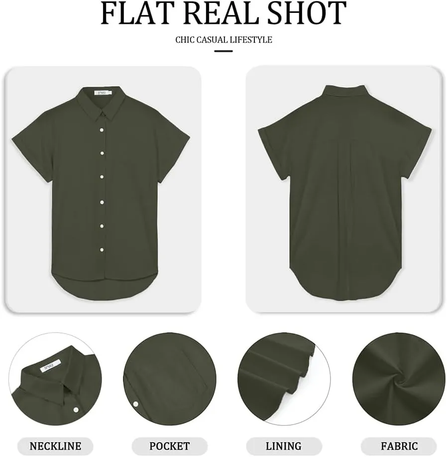 Womens Short Sleeve Casual Button Down Shirts Summer Soft Fashion Cotton Blouses Tops with Pocket