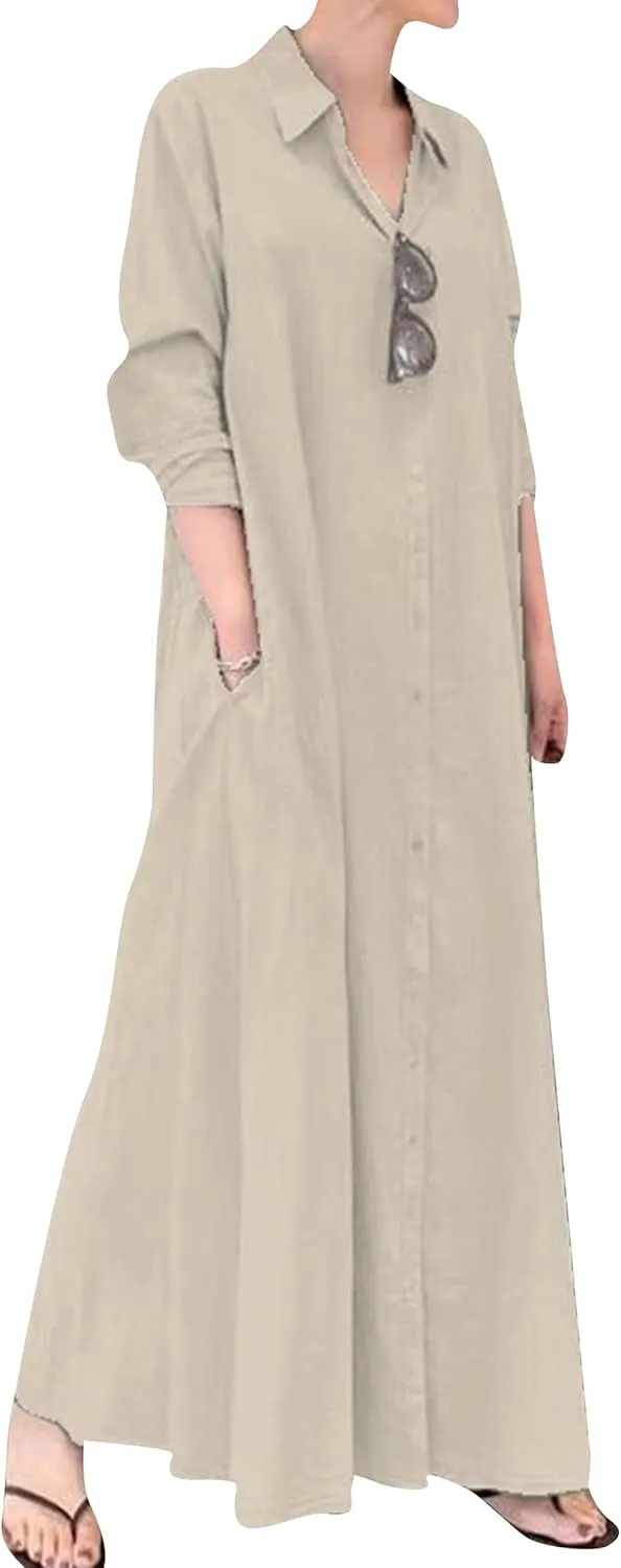 YMING Womens Cotton and Linen Shirt Dress Casual Loose Blouse Dress Solid Color Maxi Dresses Plus Size