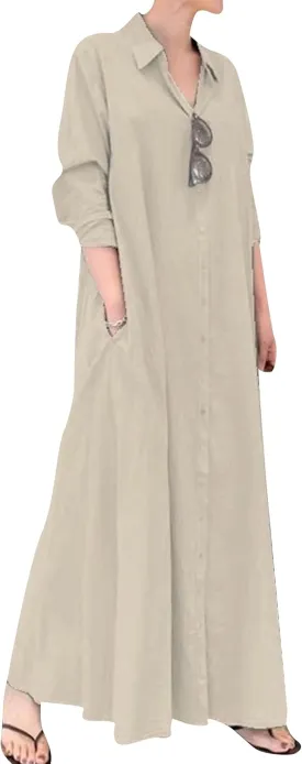 YMING Womens Cotton and Linen Shirt Dress Casual Loose Blouse Dress Solid Color Maxi Dresses Plus Size