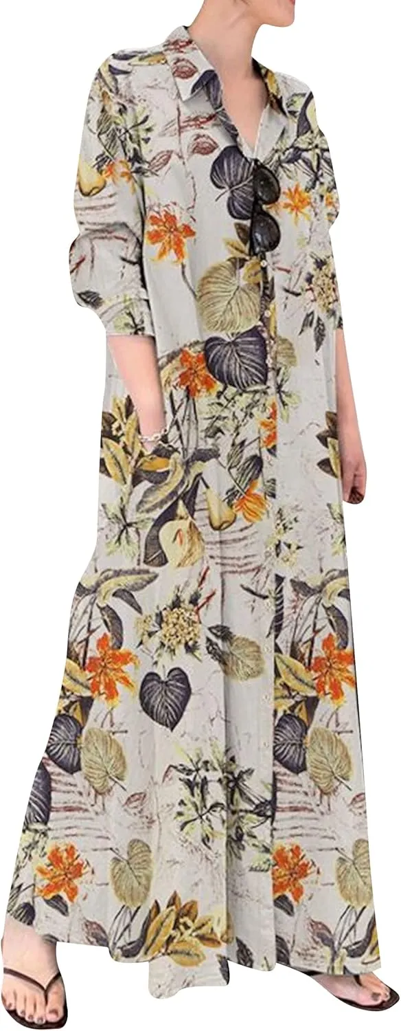 YMING Womens Cotton and Linen Shirt Dress Casual Loose Blouse Dress Solid Color Maxi Dresses Plus Size