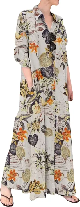 YMING Womens Cotton and Linen Shirt Dress Casual Loose Blouse Dress Solid Color Maxi Dresses Plus Size