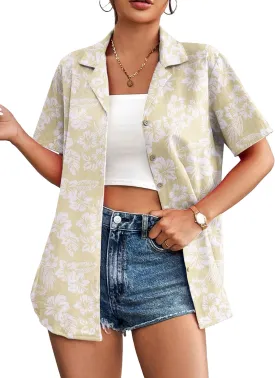 Zeagoo Women Cotton Shirt Button Down Short Sleeve Linen V Neck Blouse Casual Work Tunic