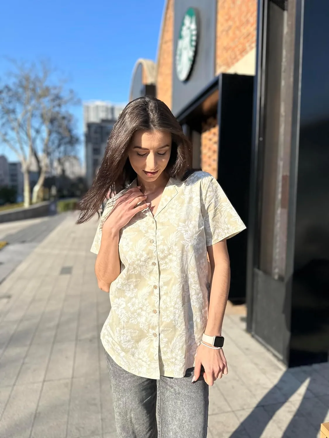 Zeagoo Women Cotton Shirt Button Down Short Sleeve Linen V Neck Blouse Casual Work Tunic