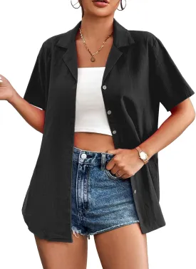 Zeagoo Women Cotton Shirt Button Down Short Sleeve Linen V Neck Blouse Casual Work Tunic