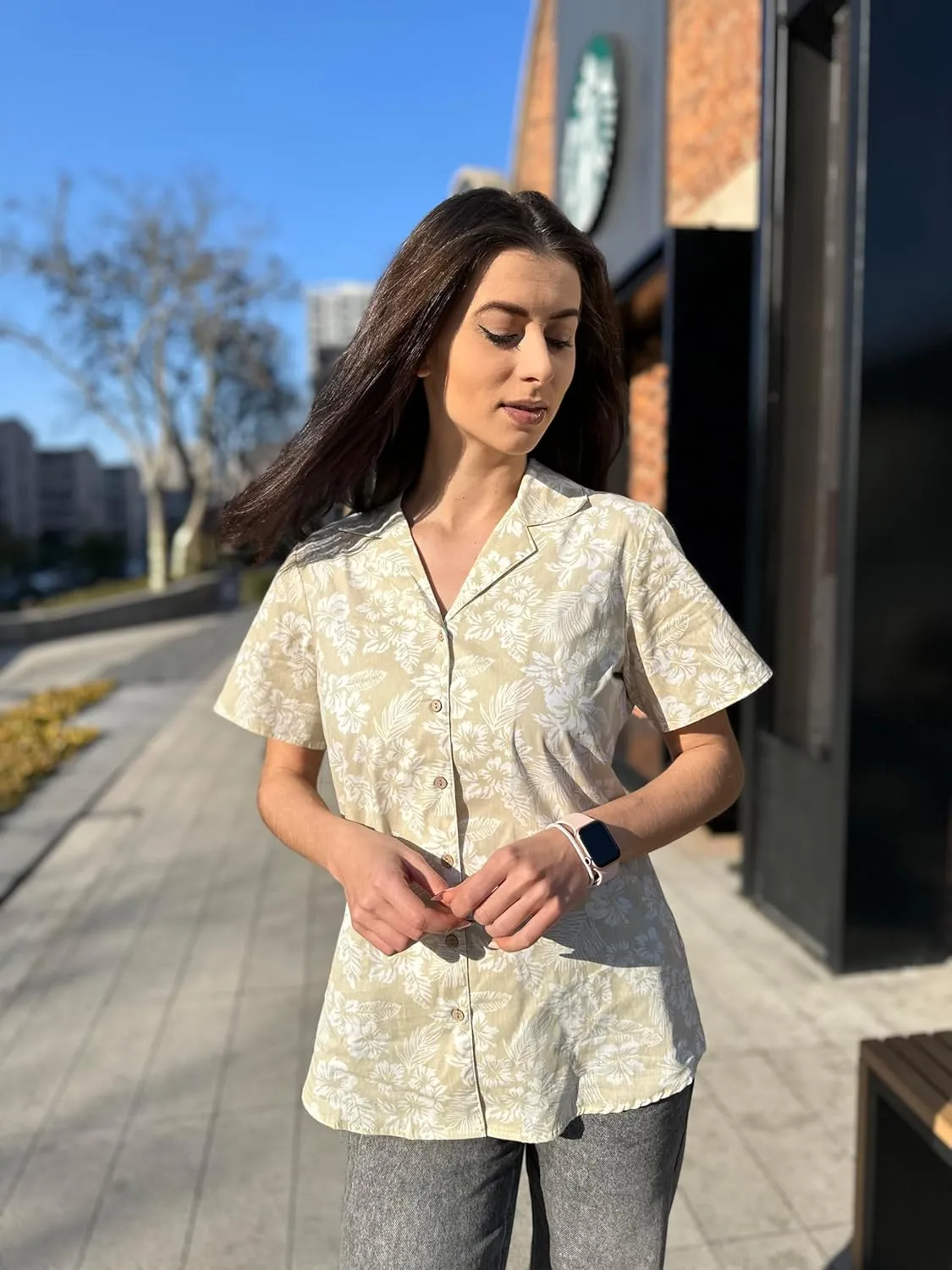 Zeagoo Women Cotton Shirt Button Down Short Sleeve Linen V Neck Blouse Casual Work Tunic