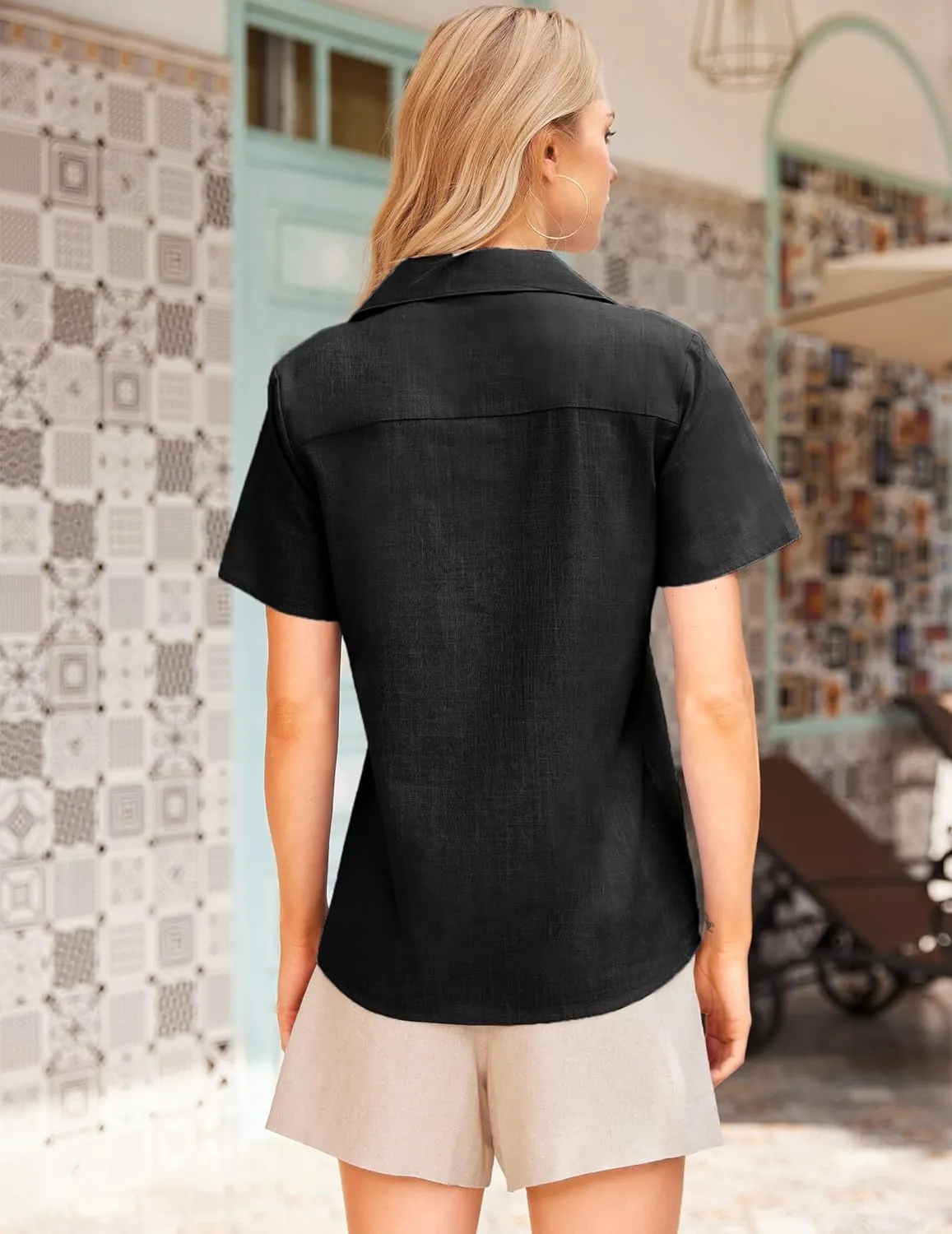 Zeagoo Women Cotton Shirt Button Down Short Sleeve Linen V Neck Blouse Casual Work Tunic