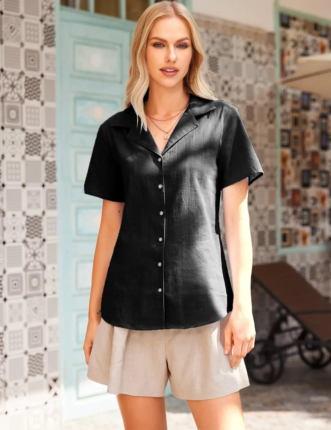 Zeagoo Women Cotton Shirt Button Down Short Sleeve Linen V Neck Blouse Casual Work Tunic