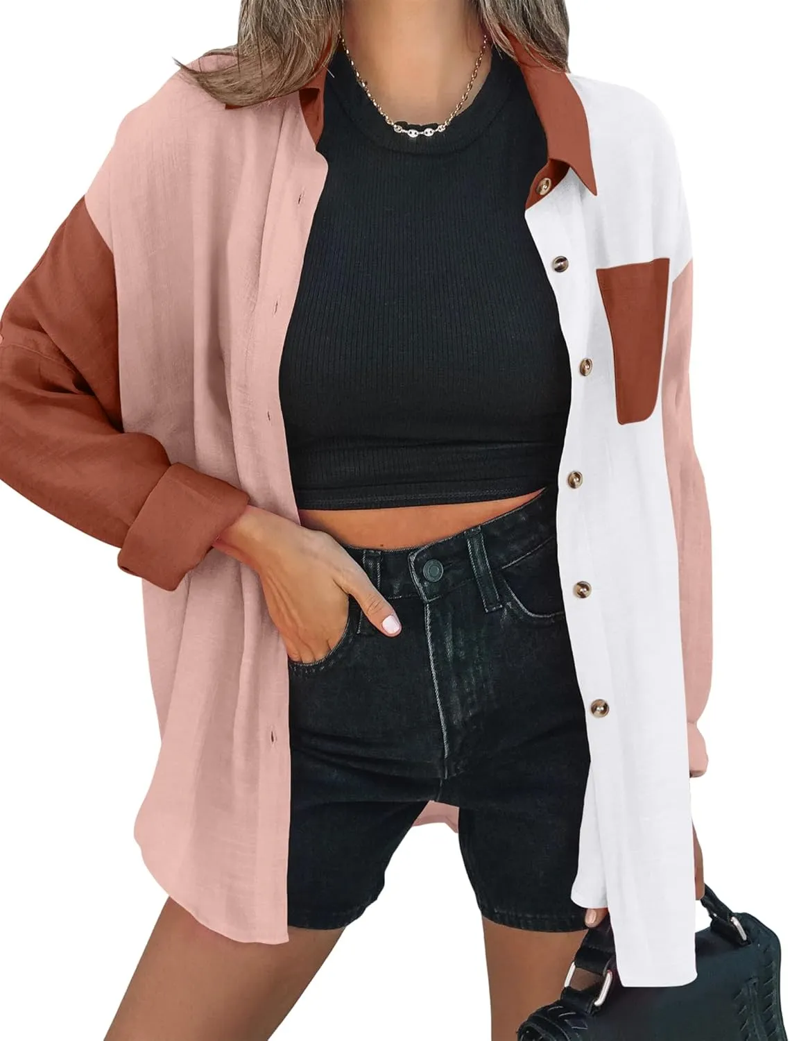 Zeagoo Womens Color Block Button Down Shirts Long Sleeve Linen Shirt Oversized Cotton Blouses Tops with Bust Pocket