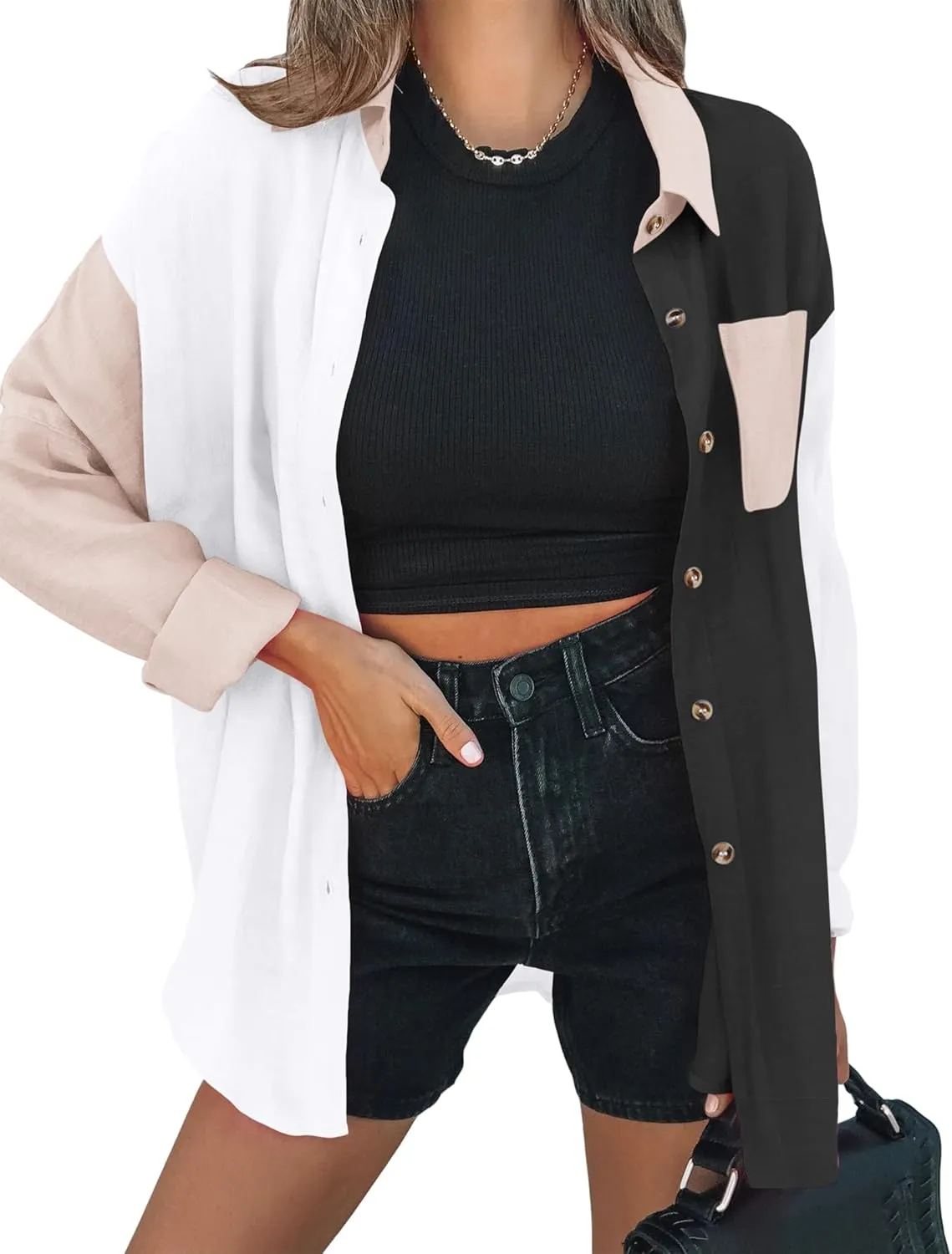 Zeagoo Womens Color Block Button Down Shirts Long Sleeve Linen Shirt Oversized Cotton Blouses Tops with Bust Pocket