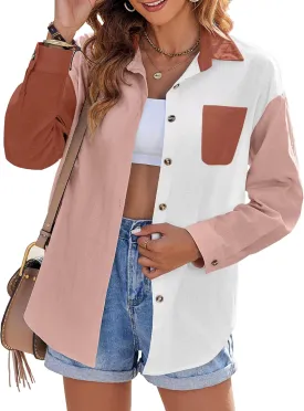 Zeagoo Womens Color Block Button Down Shirts Long Sleeve Linen Shirt Oversized Cotton Blouses Tops with Bust Pocket