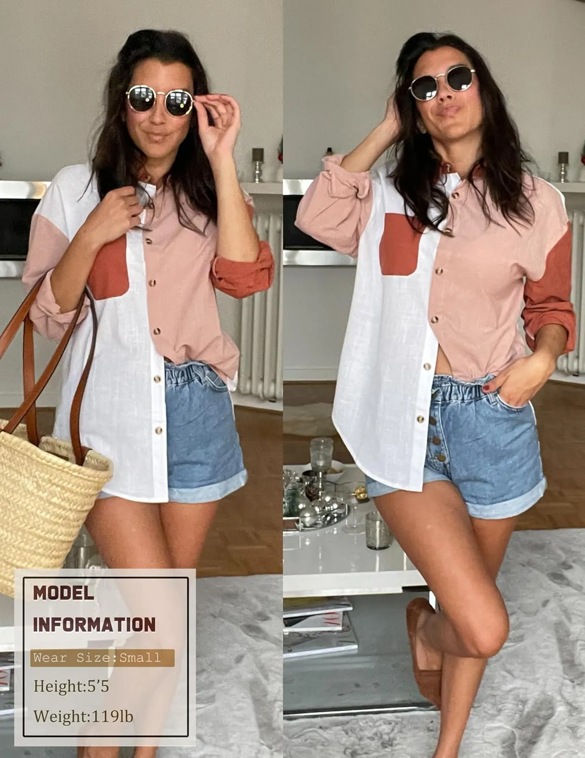 Zeagoo Womens Color Block Button Down Shirts Long Sleeve Linen Shirt Oversized Cotton Blouses Tops with Bust Pocket
