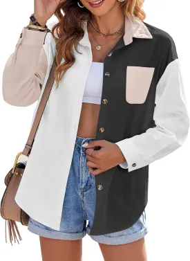 Zeagoo Womens Color Block Button Down Shirts Long Sleeve Linen Shirt Oversized Cotton Blouses Tops with Bust Pocket