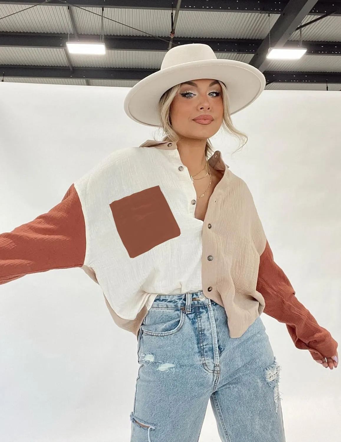 Zeagoo Womens Color Block Button Down Shirts Long Sleeve Linen Shirt Oversized Cotton Blouses Tops with Bust Pocket